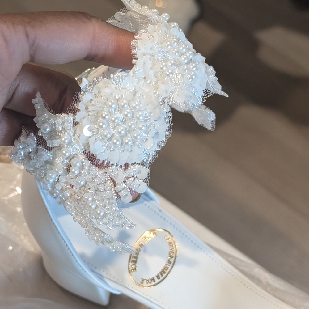 Elegant White Beaded Women's Heels - Picture 8 of 11